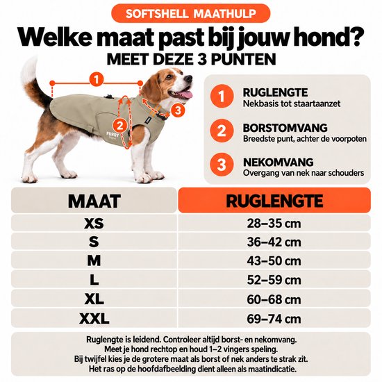 Diagram met metingen voor hondenjassen: Ruglengte, Borstomvang en Nekomvang. Metingen voor maten XS tot XXL.