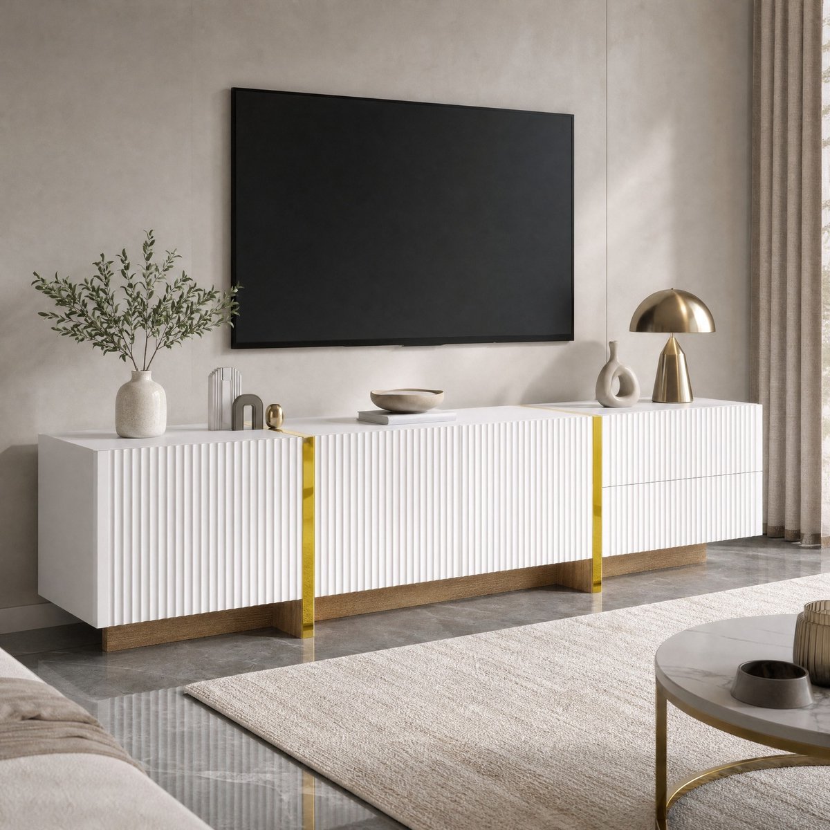 WUVRIE TV-meubel 190 cm - 3 deuren en 2 lades - Wit, goud en houtnerf