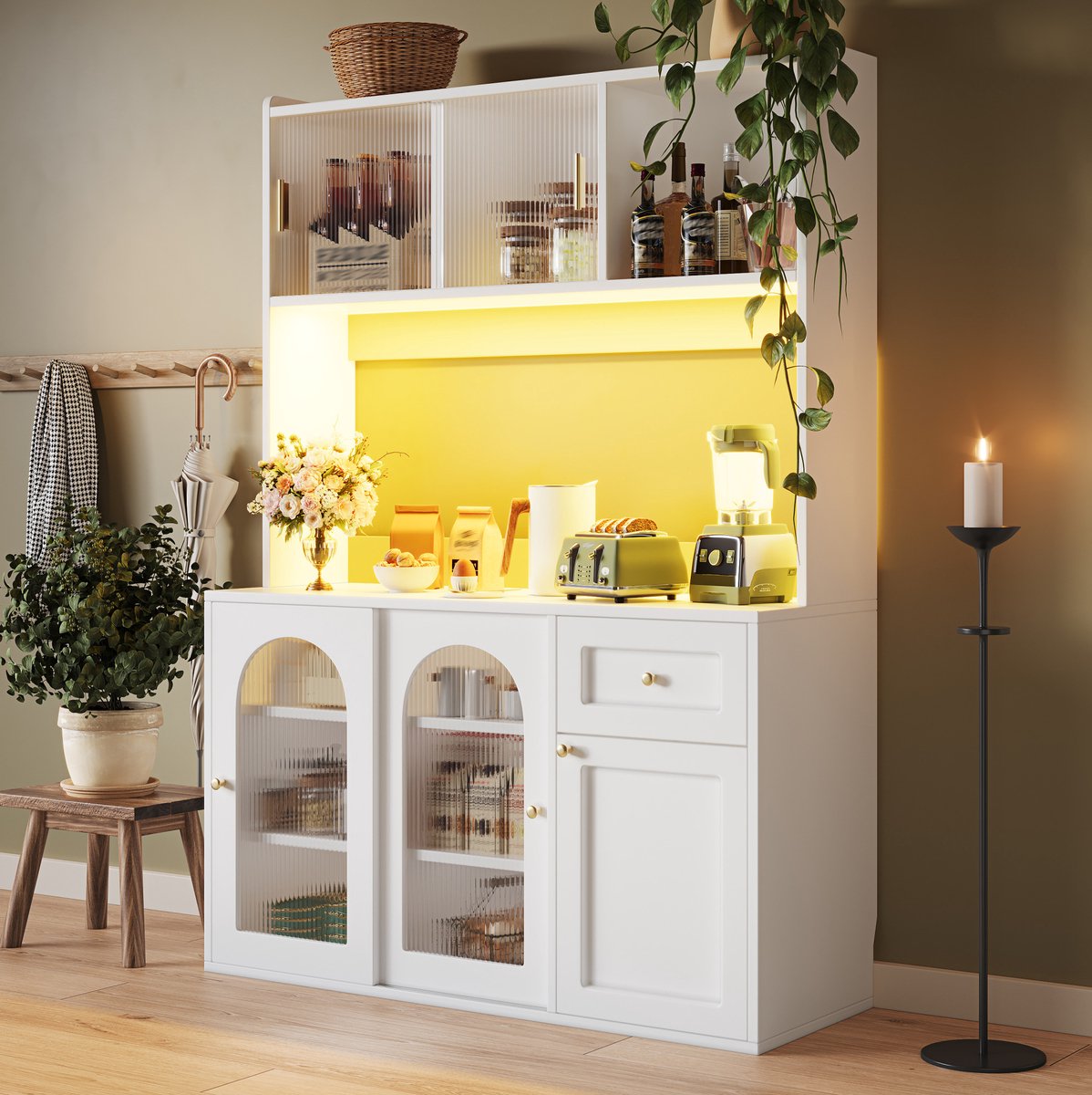 WUVRIE Keukenkast 120x35x167 cm - Glazen deuren, verstelbare planken en LED-verlichting - Wit