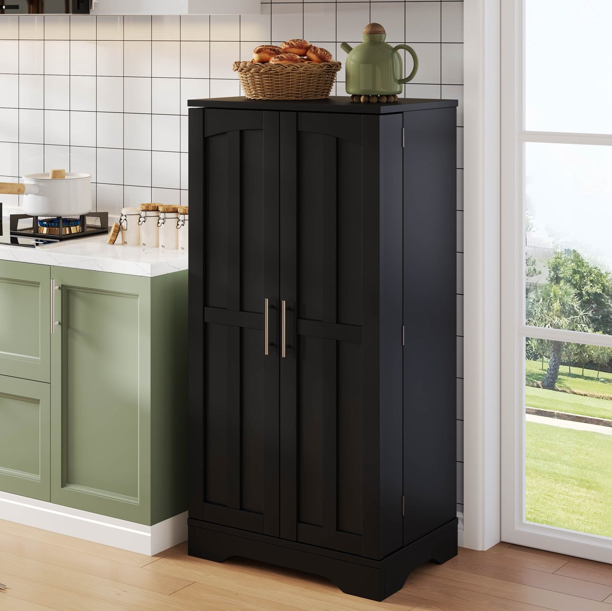 WUVRIE - Keukenkast 120 x 60 x 40 cm - 2 deuren, verstelbare plank en LED-sensorlamp - Zwart