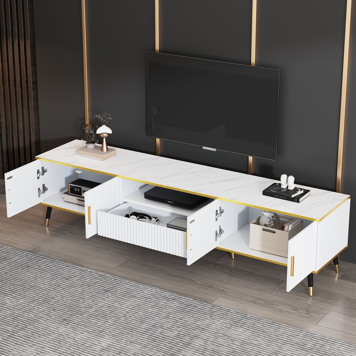 WUVRIE TV-meubel 200 x 40 x 46 cm - Marmereffect, lade en opbergruimte - Wit