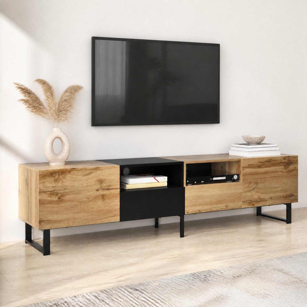 WUVRIE TV-meubel 190 x 38 x 48 cm - 2 deuren en 2 lades - Zwart/houtkleur