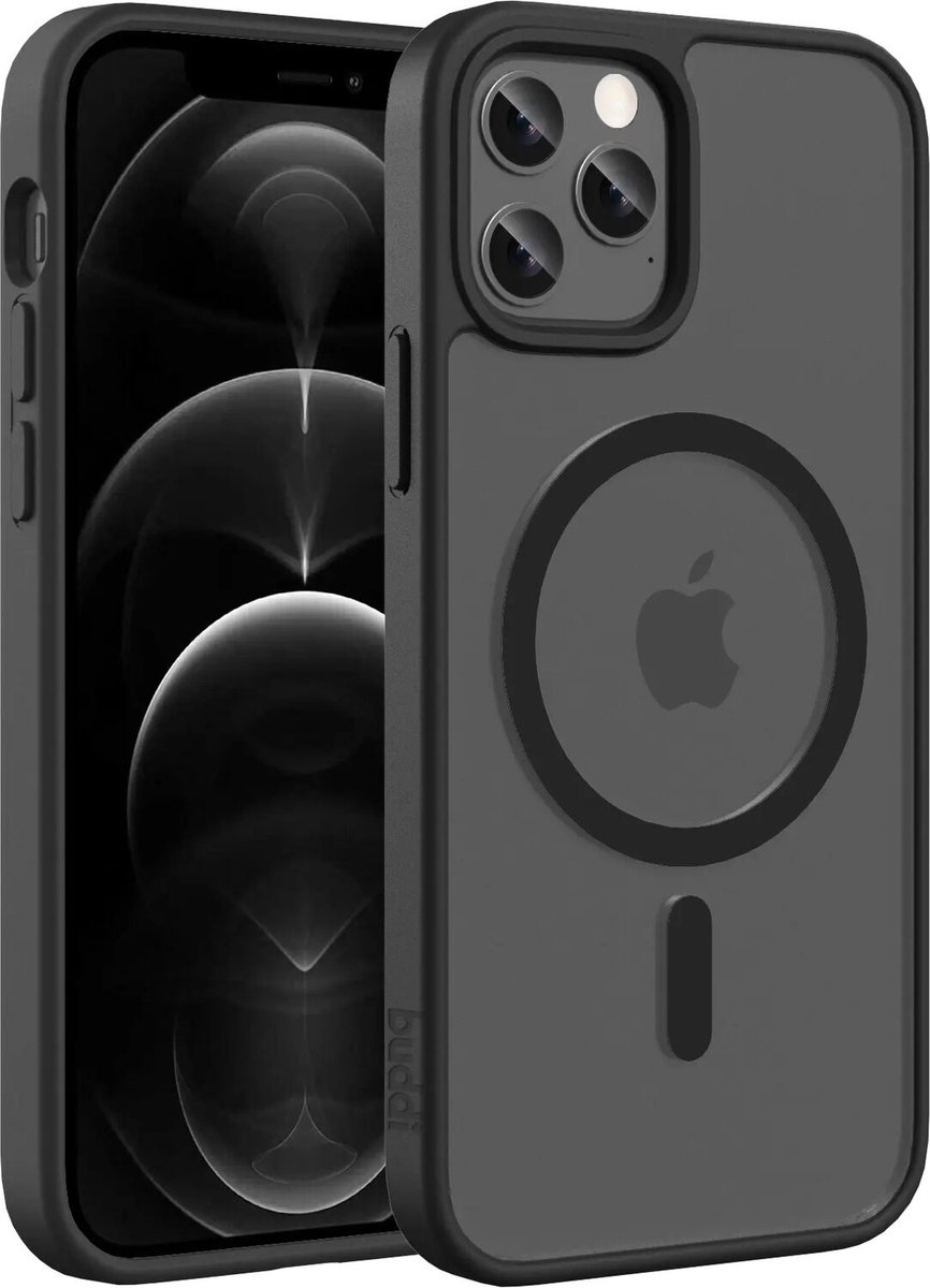 Buddi Frost Hoesje Geschikt voor Apple iPhone 12 / 12 Pro - Mat Zwart - MagSafe Back Cover - Matchende kleur - Shockproof - Slank