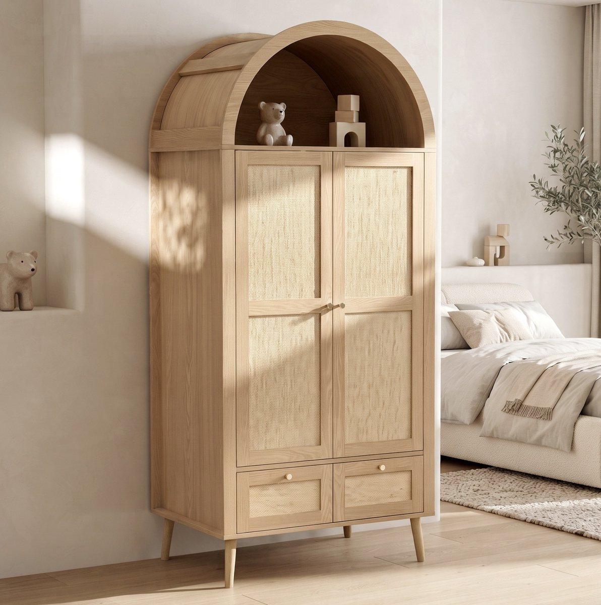 OKWISH Kledingkast - 2 Deuren En 2 Lades - Kledingroede En Open Vak - MDF Eikenlook Met Beige Rattanlook - 80 x 55 x 180 cm