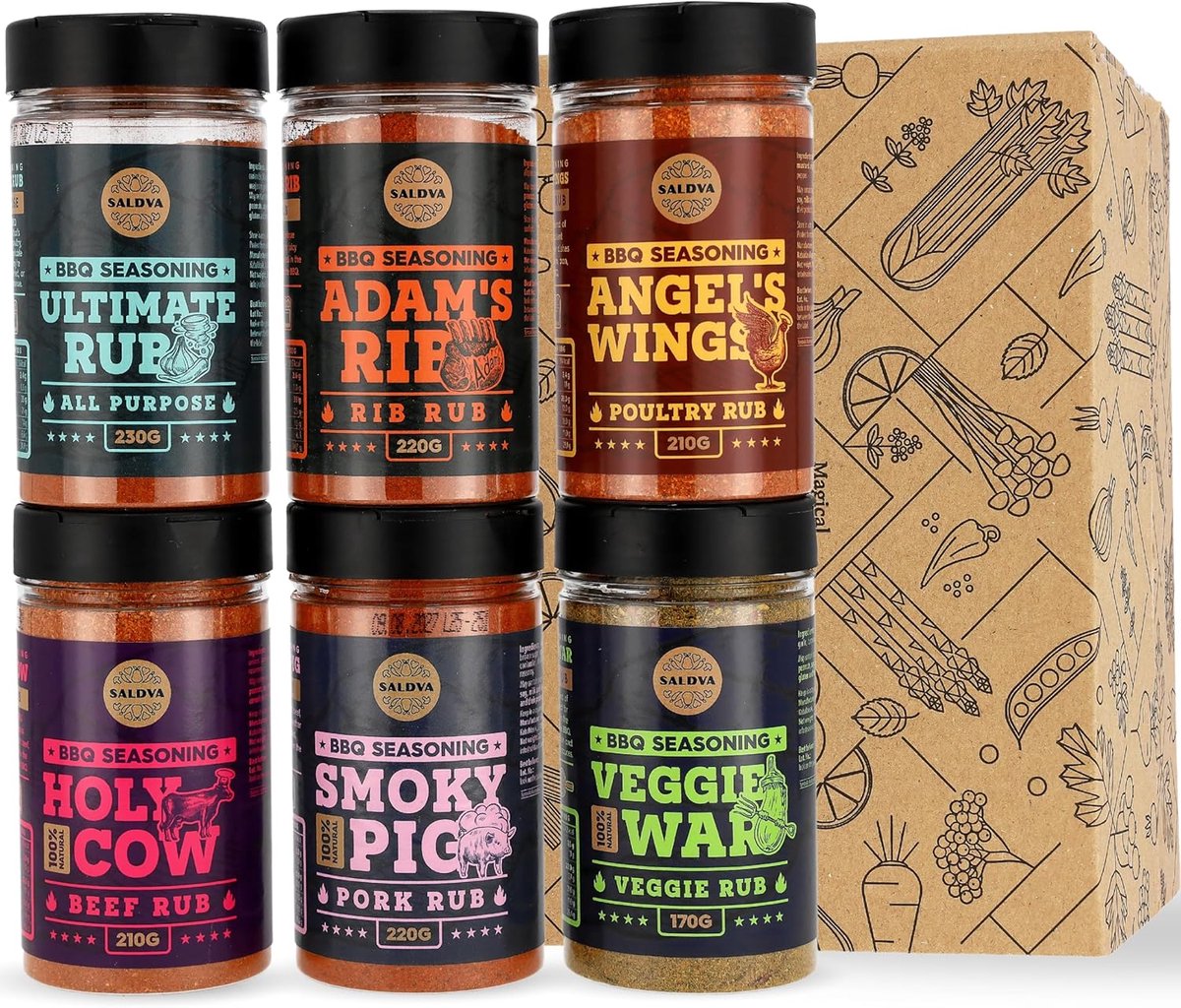 SnelShoppen - Premium BBQ Kruidenset - 6x Natuurlijke Rubs voor Vlees, Vis en Groenten - Perfecte Grill Accessoires voor Tuin Feesten en Kamperen