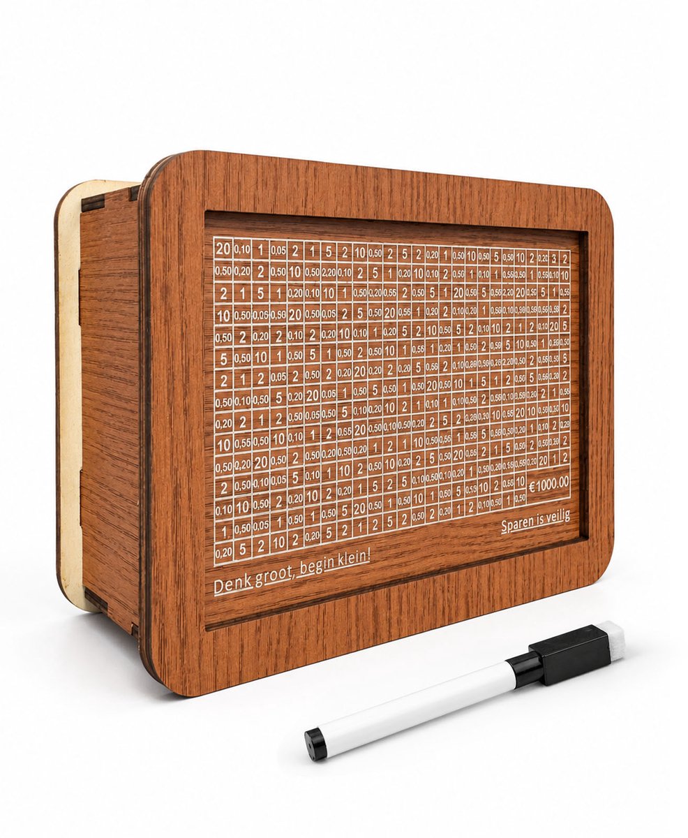 ZoeZo Spaarpot - Aftelspaarpot met Spaardoel van €1.000 - Houten Spaarpot met Afstreeplijst - Munten en Briefgeld - 17 × 7 × 12,5 cm