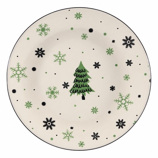 Wit bord met kerstboom en groene en zwarte sneeuwvlokken. Zwarte rand.
