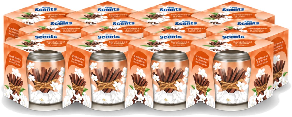 At Home 12 x At Home - Scents - Geurkaars - Sandalwood & Jasmin - 70 g - Voordeelverpakking - 12 stuks Bruin