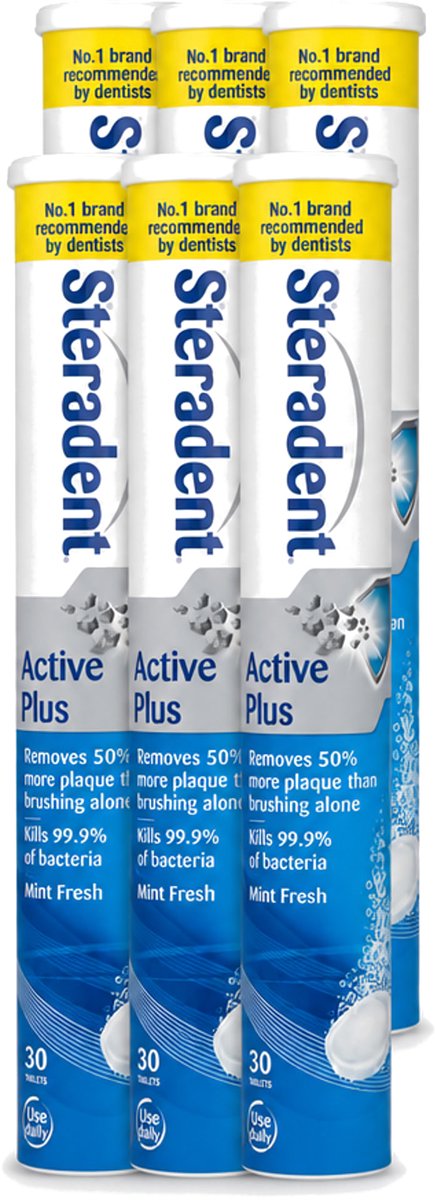 6 x Steradent - Reinigingstabletten - Active Plus - Tegen Tandsteen & Bacteriën - 30 Tabletten - Voordeelverpakking - 6 stuks