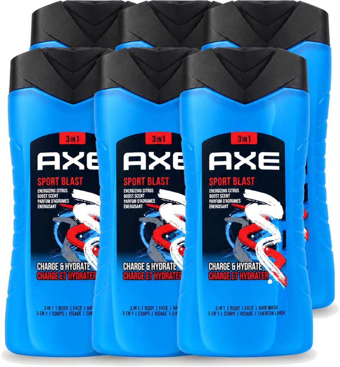 6 x Axe - 3-in-1 Douchegel - Sport Blast - Energizing Citrus - Hydraterend - 250 ml - Voordeelverpakking - 6 stuks