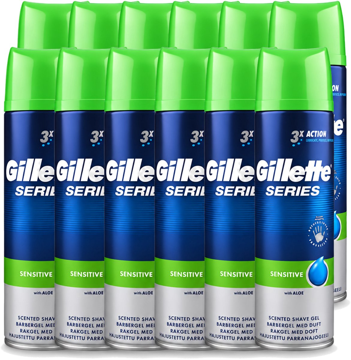 12 x Gillette Series - Scheergel - Sensitive - Aloe Vera - Voor de gevoelige huid - 200 ml - Voordeelverpakking - 12 stuks