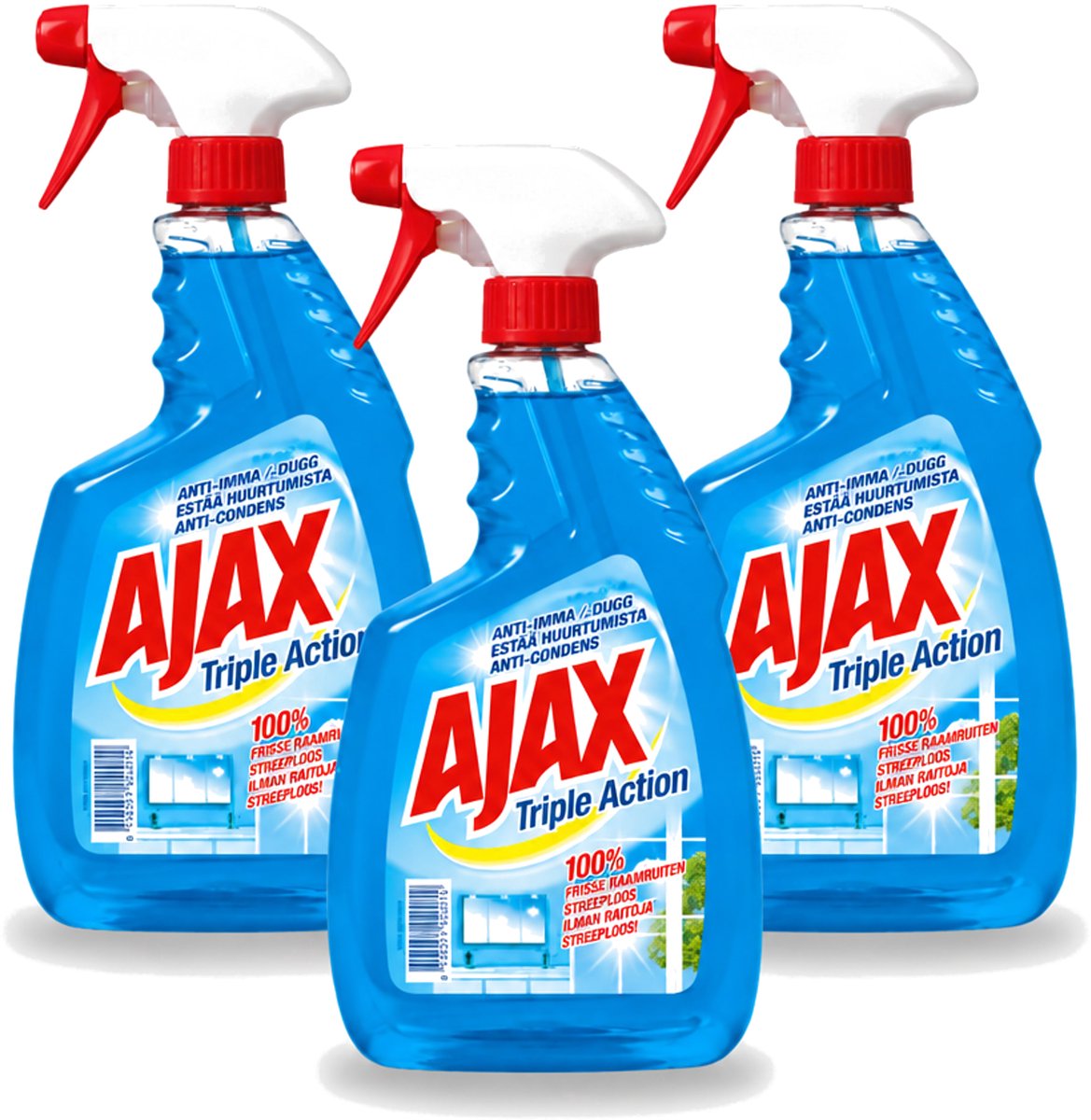 3 x Ajax - Glasreiniger Spray - Triple Action - Streeploos Schoon - Anti-Condens - 750 ml - Voordeelverpakking - 3 stuks