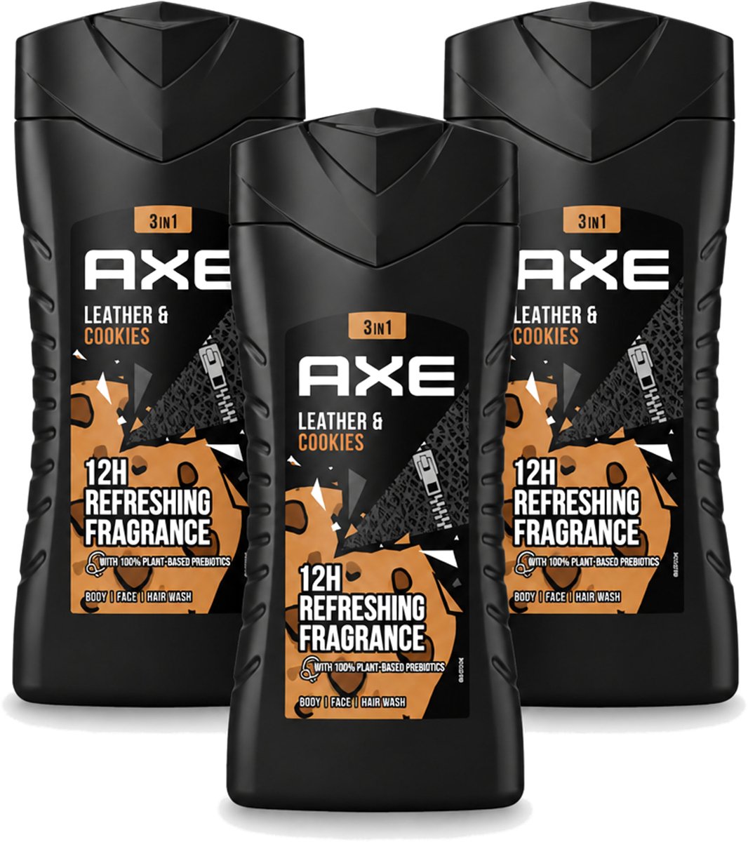 3 x Axe - 3-in-1 Douchegel - Leather & Cookies - 100% Plantaardig - 250 ml - Voordeelverpakking - 3 stuks