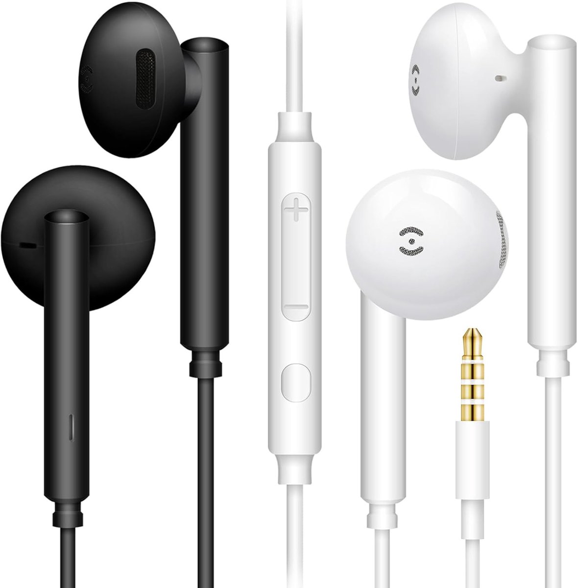 SnelShoppen - 2 Paar In-Ear Koptelefoons met Volume Controle en Microfoon, Noise Isolating, 3.5mm Jack, 120cm Kabel, Zwart en Wit, Perfect voor Smartp