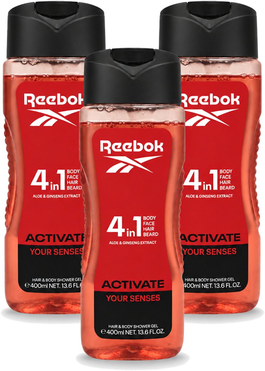 3 x Reebok - Activate Your Senses - Douchegel - 4 in 1 - 400 ml - Voordeelverpakking - 3 stuks