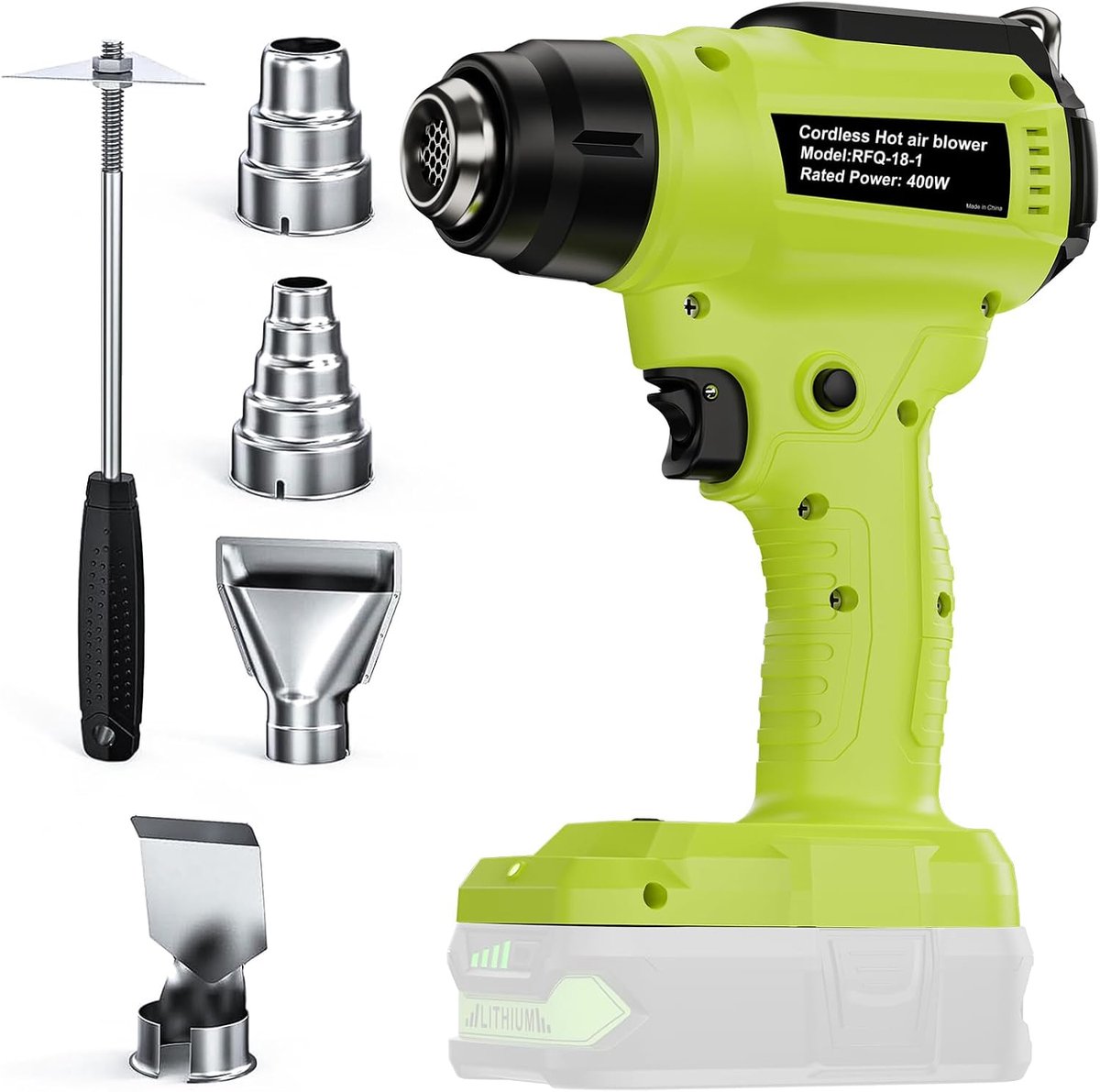 Accu Heteluchtpistool voor Ryobi 18V One+ accu (zonder accu), heteluchtpistool voor lassen, buisbuigen, kleurverwijdering, heteluchtpistool met 4 sproeiers.