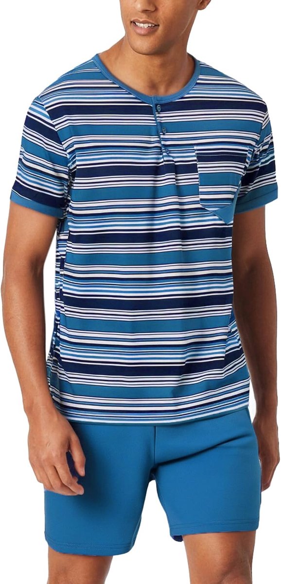 Pyjama voor heren, zomer, katoen, pyjamaset voor heren, kort, gestreept, korte mouwen, met zakken, 2-delig