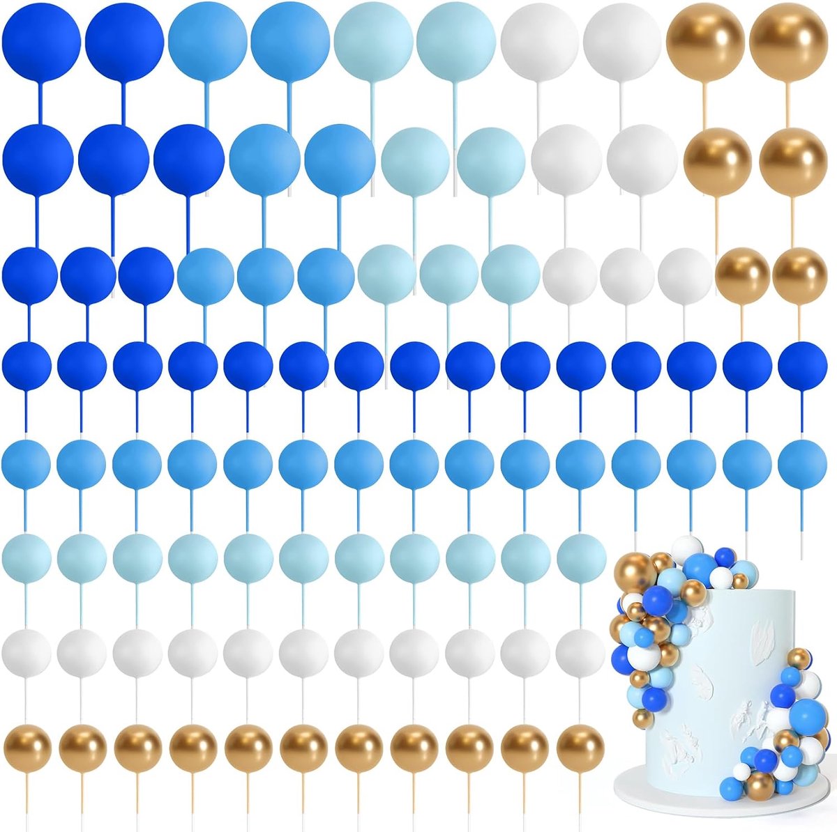 75 stuks taartballen, decoraties, schuim, cupcaketopper, mini-ballon, taarttopper, ballen, taartprikkers voor taart-decoratie, verjaardagsfeest, bruiloft (blauw-goud-witte serie)