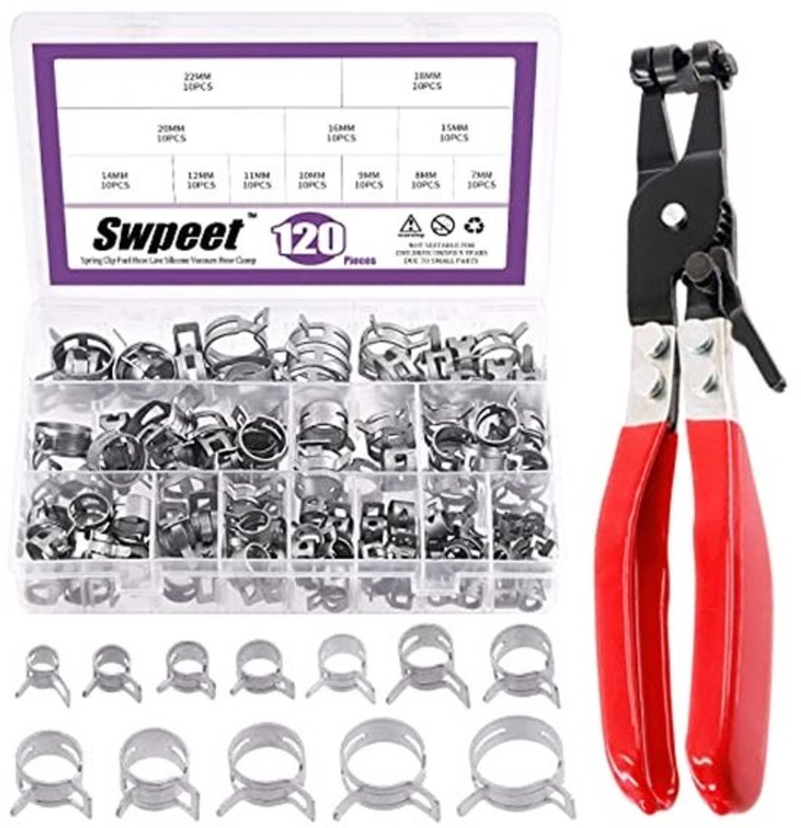 121-delige Dacromet veerband-slangklemmen set met swivel flat band brandstofslangklempliers