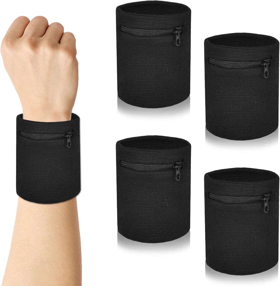 4 stuks zweetbanden met ritsvak, polstas polsband, sport zweetband wrist wallet polstas sportarmband met ritsvak voor sport hardlopen