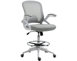 Merax Bureaustoel Ergonomisch met Voetring - Verstelbare Kantoorstoel met Opklapbare Armleuningen en Wipfunctie - Draaistoel met Mesh Rugleuning - Lichtgrijs