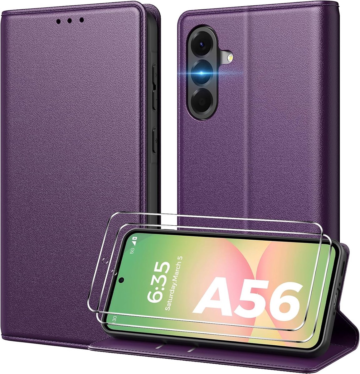 Telefoonhoesje voor Samsung Galaxy A56 5G, met 2 stuks pantserbescherming, PU-leer, RFID-blokkering, klaphoes compatibel met Samsung A56, donkerpaars