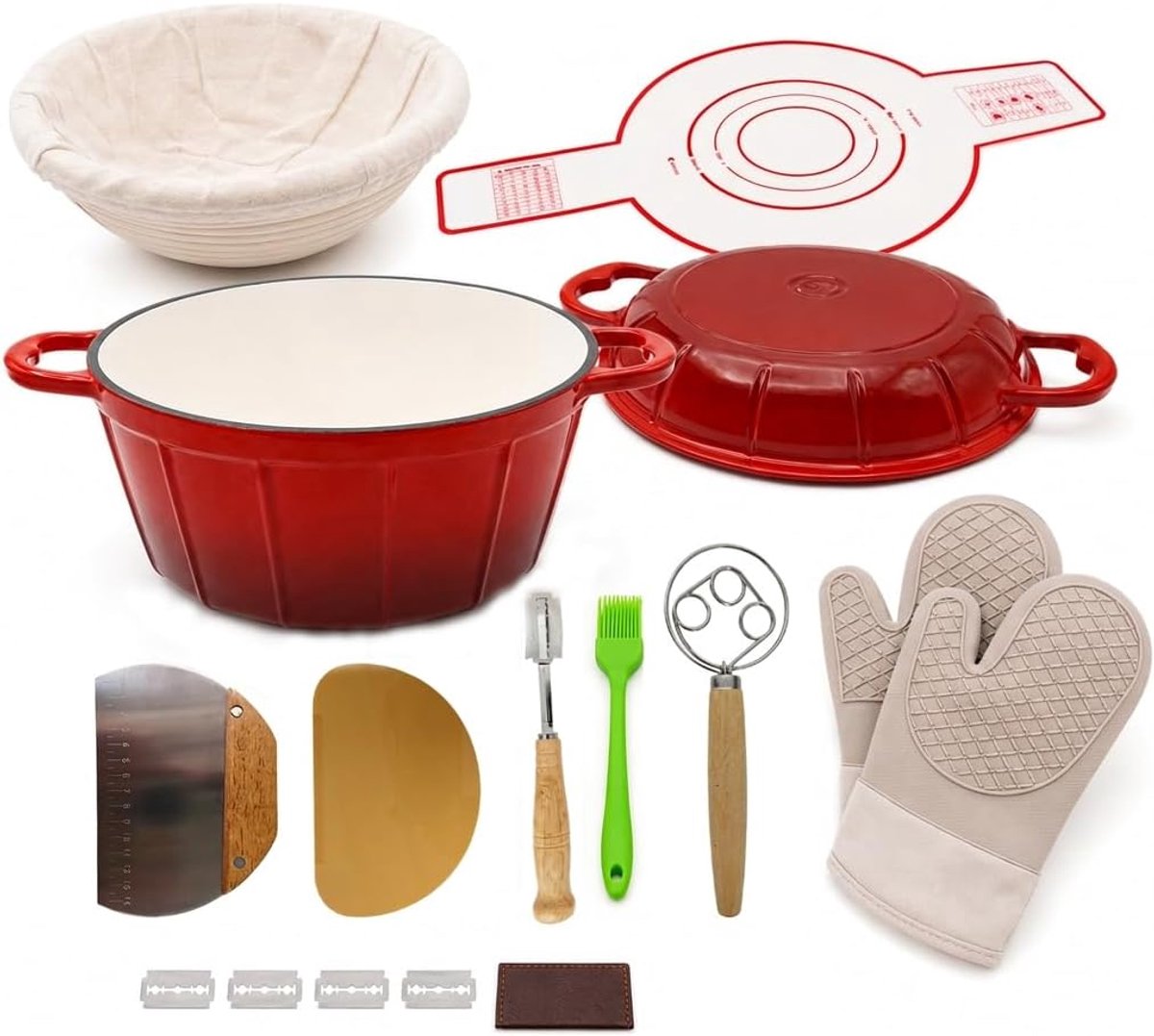 Gietijzeren pan & zuurdesem bakset, 5L rode Hollandse oven + 2-in-1 steakpan deksel, compleet bakgereedschap, geschikt voor oven/gas/inductie, gemakkelijk schoon en ergonomisch handvat