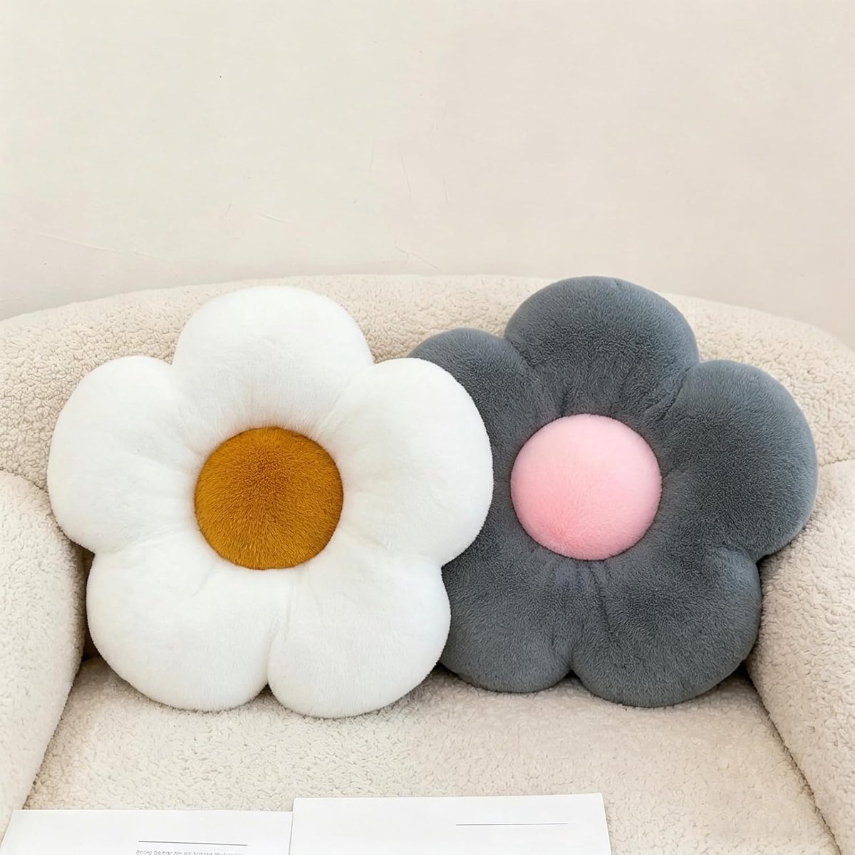 Bloemkussens voor sofa, bank, set van 2, 35 cm, zitkussens voor woonkamer, slaapkamer, wit en grijs