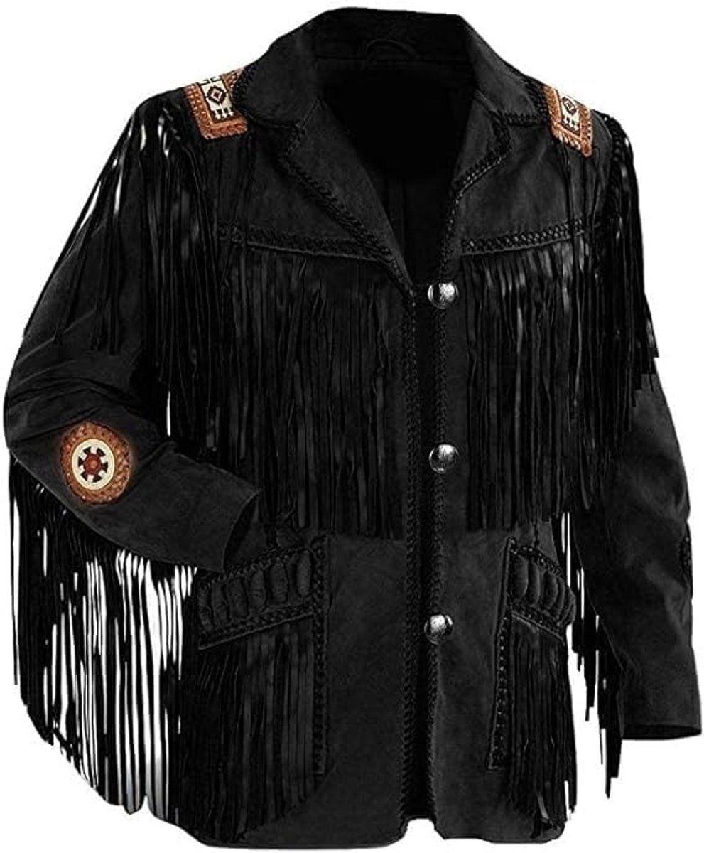 Vintage westerse cowboy/cowgirl suède leren jas: klassieke stijl en duurzaamheid met franjes en kralen