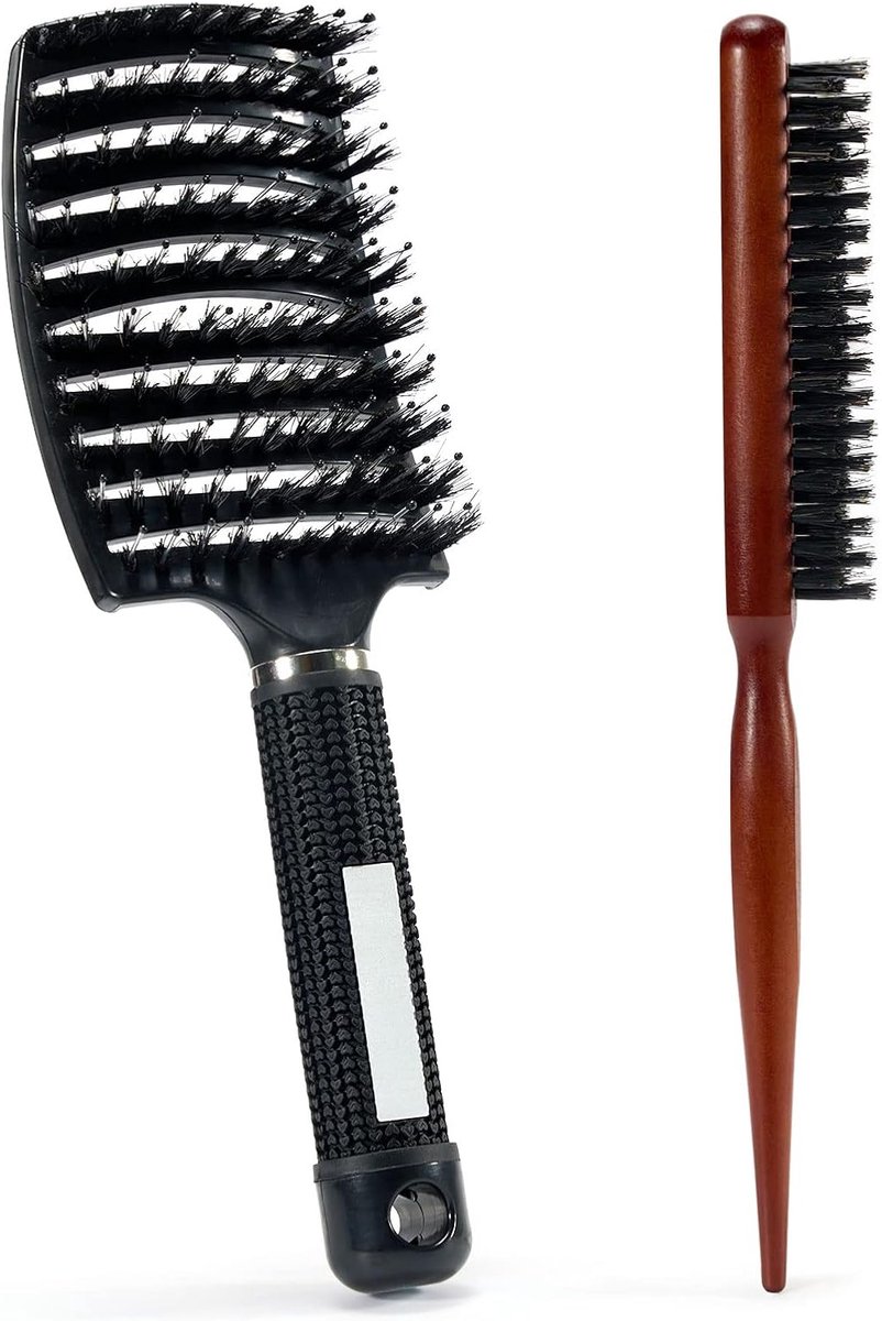 Haarborstel, varkenshaarborstel, professionele gebogen geventileerde kapper haarstylingtools Sneldrogende ontwarrende massageborstels, 2 borstels