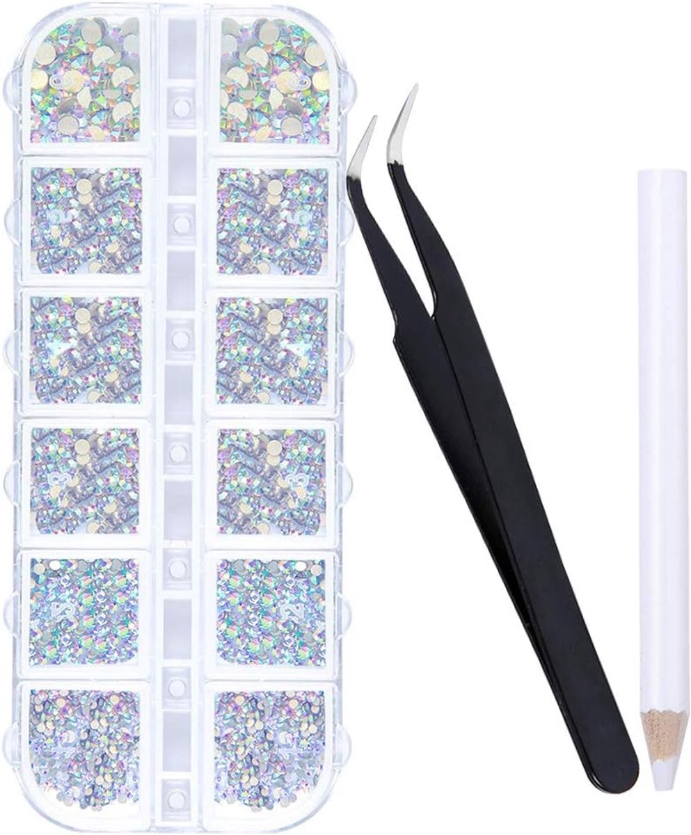 1600 stuks strass steentjes voor nagels - 6 maten nageledelstenen, nail art platte achterkant AB strass edelstenen nagel decoratie juwelen kristallen voor nagel/kunstnijverheid, met pick-up pincet en strass plukker puntjes