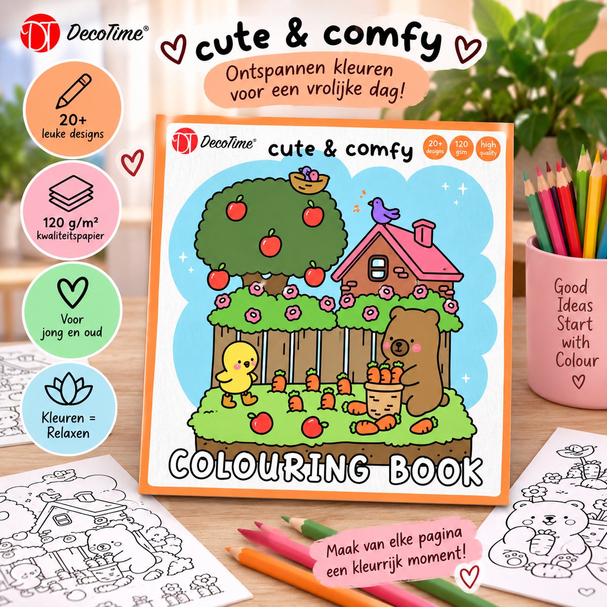 DecoTime Cute & Comfy Kleurboek – 48 Kleurplaten – 20 x 20 cm – 120 g/m² – Schattige Kleurplaten – Ontspannend Kleuren