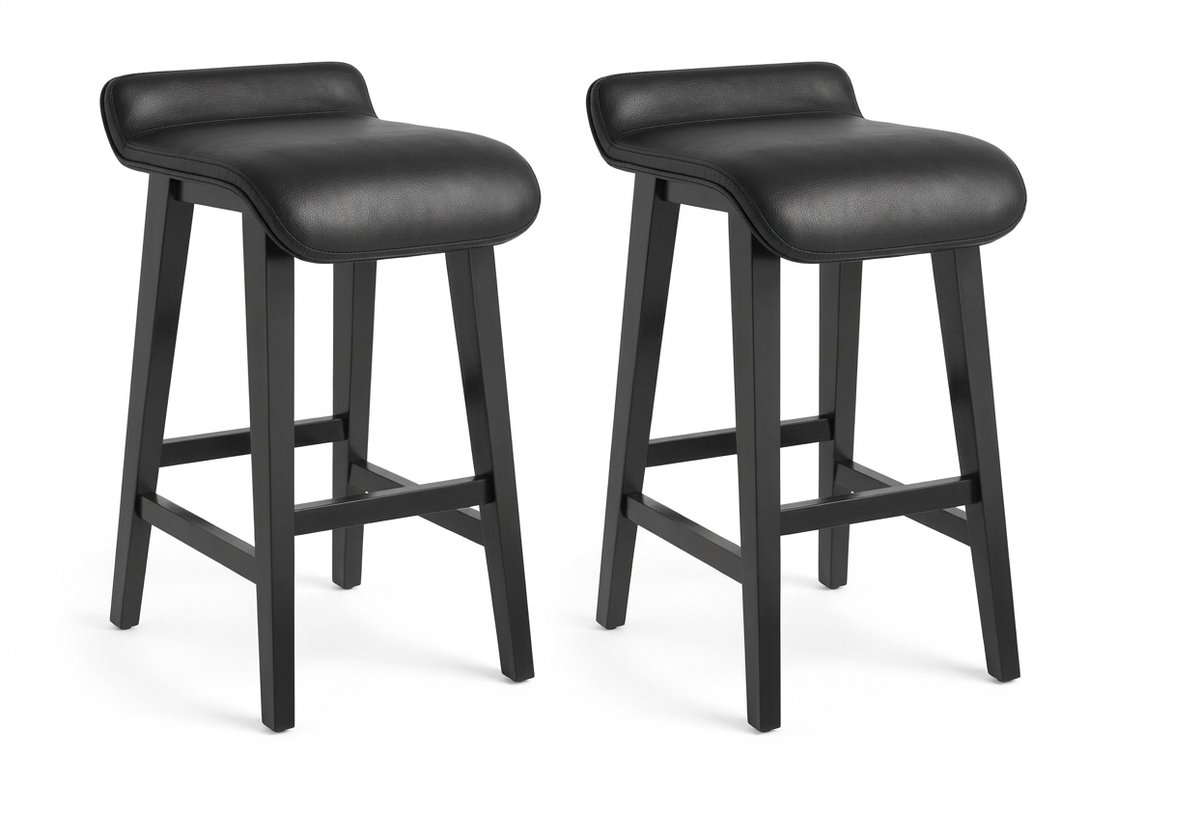 Luxevo Barstoel Set van 2 – Barkruk - 66,5 cm Zithoogte – Kunstleder & Hout – Zwart