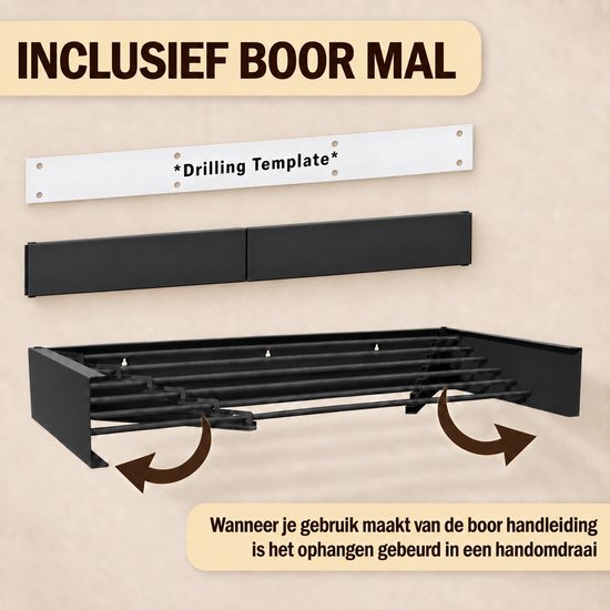 Een zwart, inklapbaar wanddroogrek, inclusief boormal, met deuren die de montage vergemakkelijken.