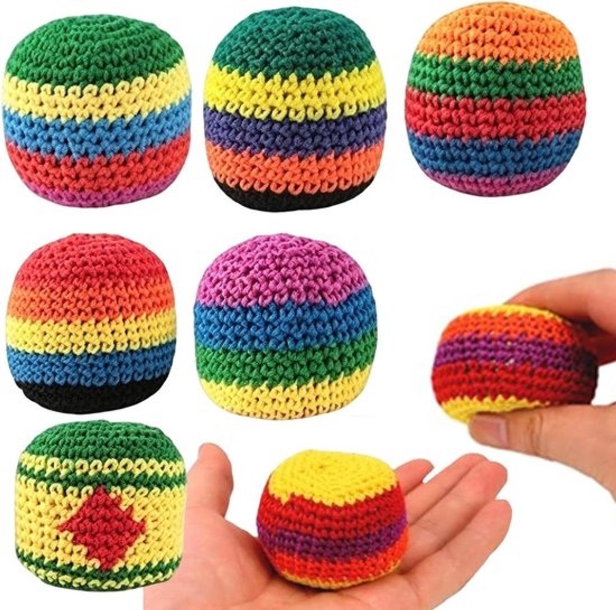 Gebreide footbag - Jongleerballenset - Voor buitenspel - Handgeweven constructie - 6 stuks - Regenboogthema