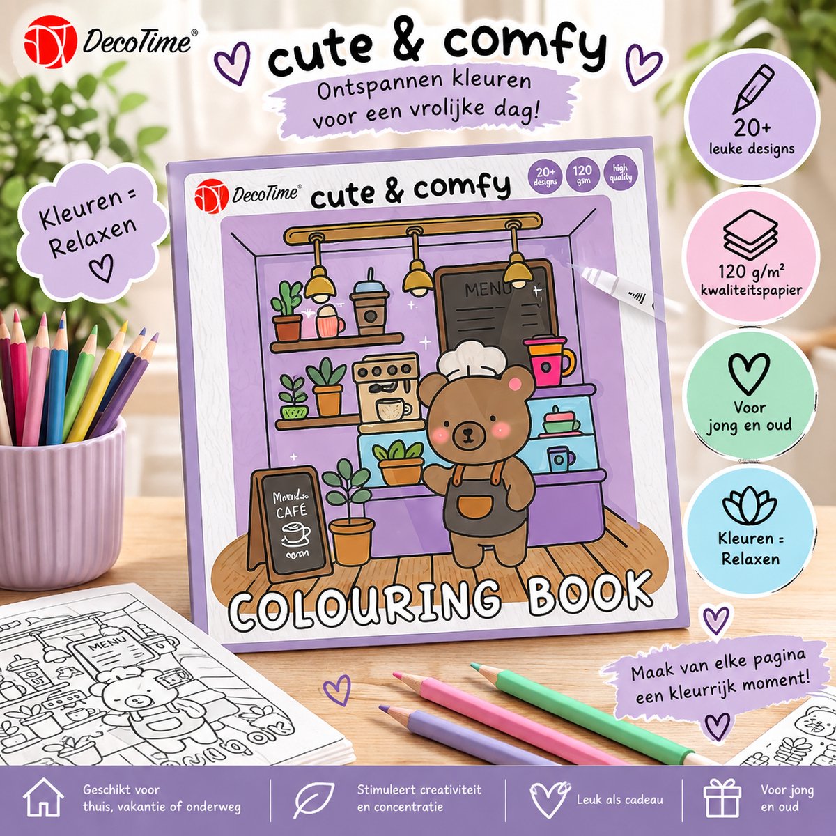 DecoTime Cute & Comfy Kleurboek – 20+ Designs – Creatief Kleurboek – Voor Jong & Oud