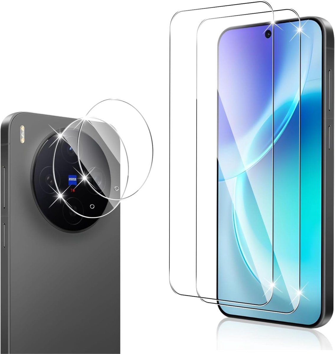 Gehard glas voor VIVO X300, 2 stuks krasbestendige displaybeschermfolie met 2 stuks camerafolie, HD helder, zonder luchtbellen, Ultra Boven 9H+ Gehard glas