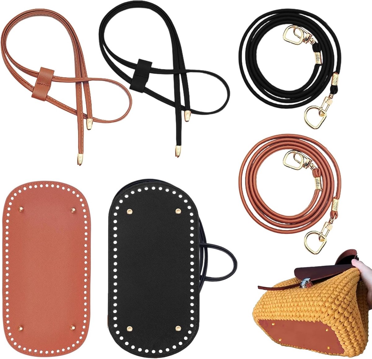 Fond de Sac à Crocheter 22 x 10 cm en Cuir PU avec Bandoulières, 2 Fonds de Sac Ovale avec Rivets, 2 Sangles 120 cm et 2 Cordons 100 cm, Accessoires Sac DIY Noir et Marron pour Sac au Cr