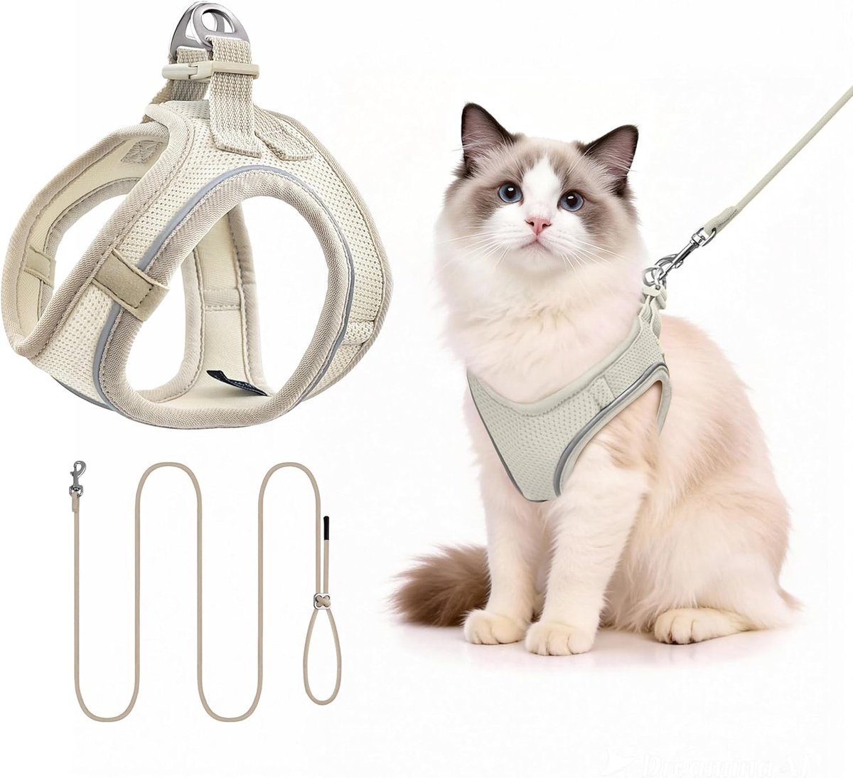 Kattenharnas en riem set voor Katten Kleine Honden(S, beige) | Riem van 255 cm, anti-ontsnapping, licht, ademend, zacht en comfortabel, reflecterende band, voor wandelingen en reizen