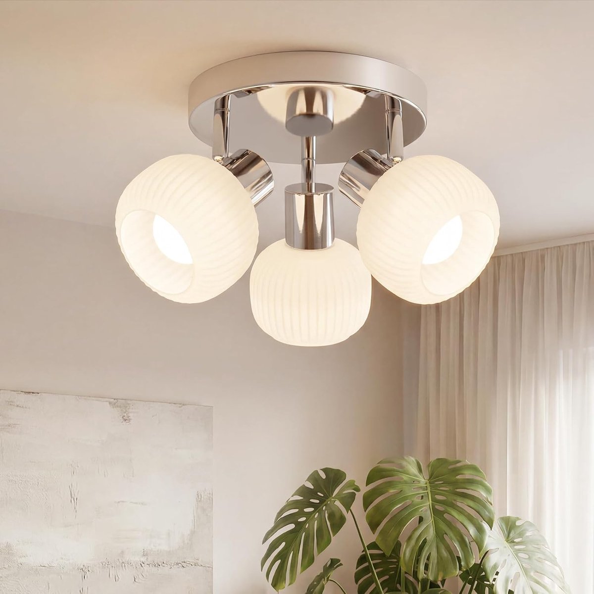 3-vlammig, witte vintage design plafondlamp met rond | glas, 350° draaibare spots voor hal, slaapkamer, woonkamer (zonder lamp)