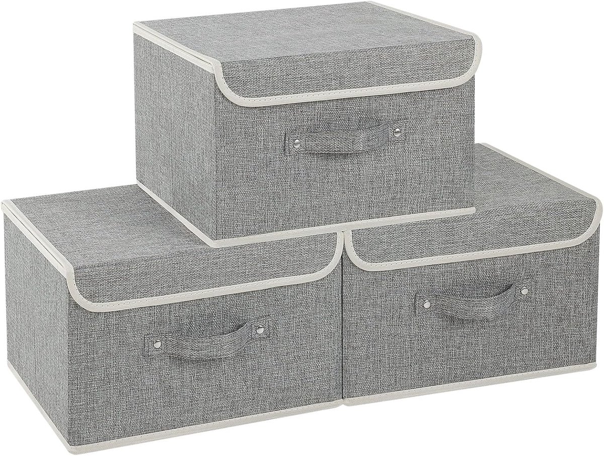 Stoffen opbergkubussen met deksels, grijs 33x23x20cm, 3 stuks | Opbergbakken met handgrepen,PP Panel Closet Organizers, Wasbare Dozen, Opvouwbare Stoffen Container voor Ondergoed en Sokken