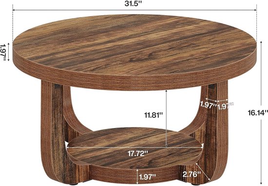 Ronde salontafel, 2-traps ronde salontafel met opbergruimte, 80 cm, moderne accenttafel van hout voor de woonkamer, dik tafelblad en basis, rustiek bruin — afbeelding 2