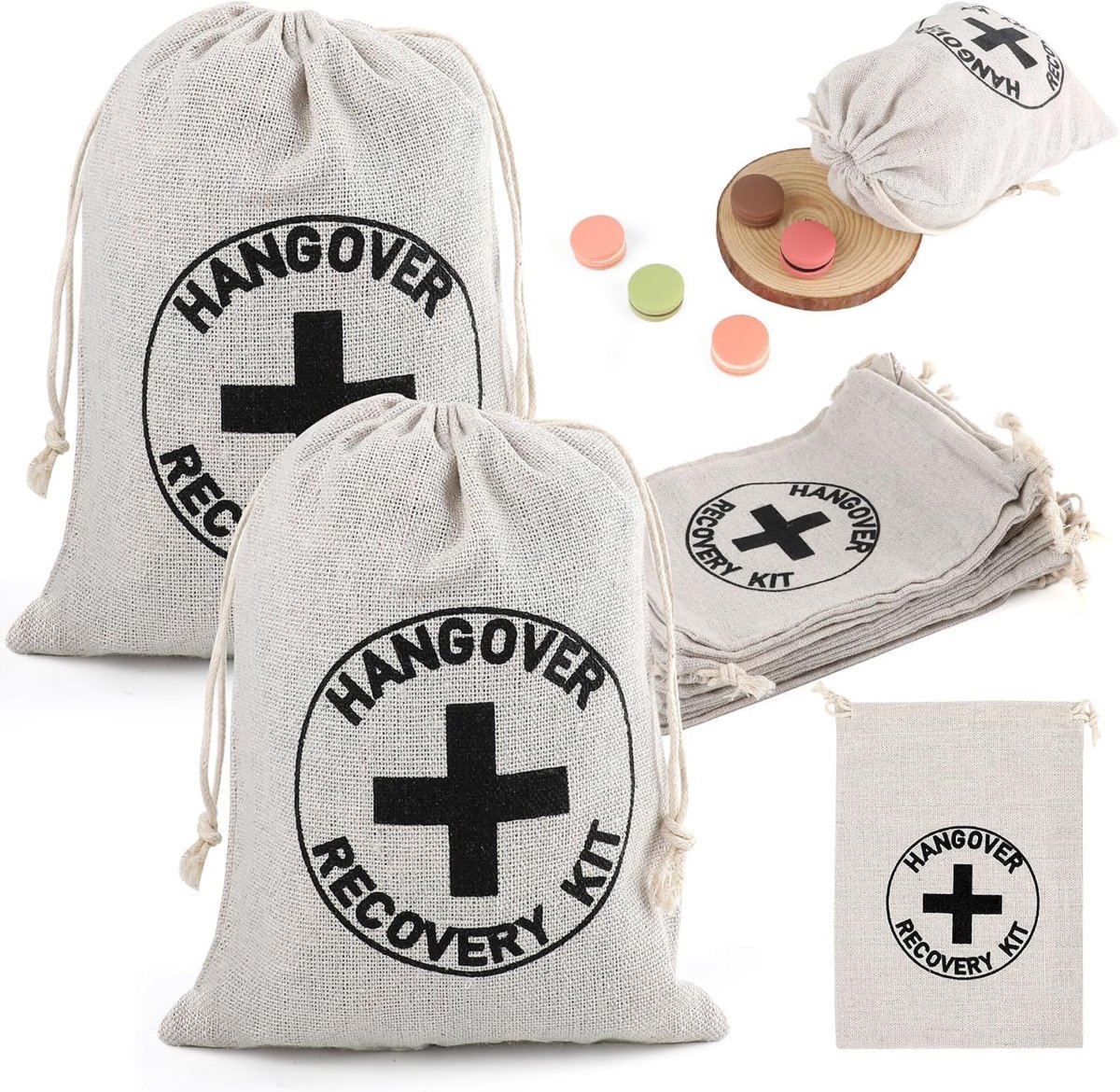 20 stuks Hangover Kit Tassen, Katoen Linnen Vrijgezellin Feestartikelen Tassen, 12,5 x 17,5 cm Trekkoord Herstel Tas voor Kater Herstel Bruidsdouche Bruidsmeisjes Gunsten en Bruiloft