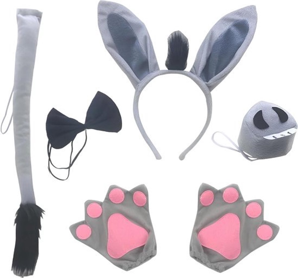 Complete set van 6 delen voor dierenkostuum met oren, staart en handschoenen