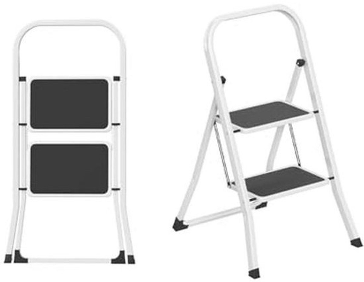 Vouwladder - Met 2 treden - Robuuste huishoudladder - Antislip - Stalen frame - Ruimtebesparend - Opklapbaar - Draagkracht tot 150 kg