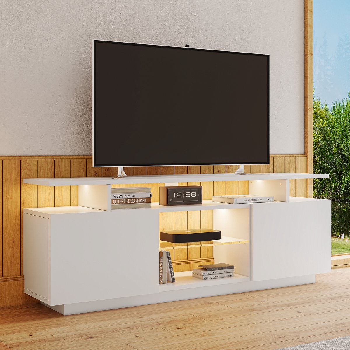 WUVRIE Tv-meubel 140 cm voor 60 inch tv - 2 deuren, 5 open vakken en appgestuurde 16-kleurige ledverlichting - Wit