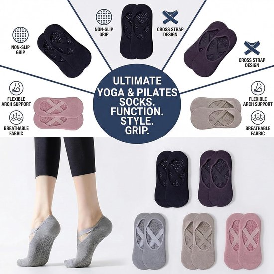 Comfortabele Antislip Sokken voor Yoga en Pilates, 5 Paar Katoenen Sportsokken met Kruisband voor Dames en Meisjes, Geschikt voor Dans en Fitness — afbeelding 4