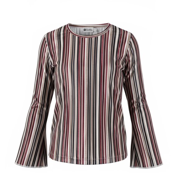 No Way Monday longsleeve met verticale strepen in rood, beige en zwart, ronde hals en uitlopende mouwen.