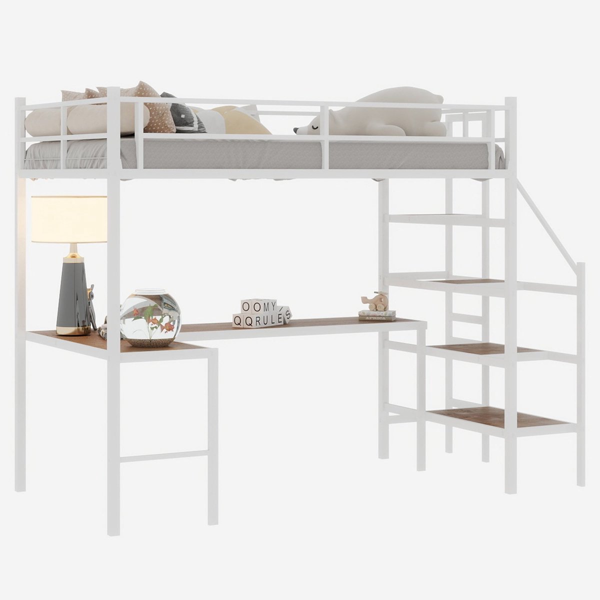 Merax Hoogslaper Met Bureau 90x190 cm - Wit Metalen Bed - L-Vormig Bureau - Trap Met Opbergruimte - Veiligheidshek - Planken
