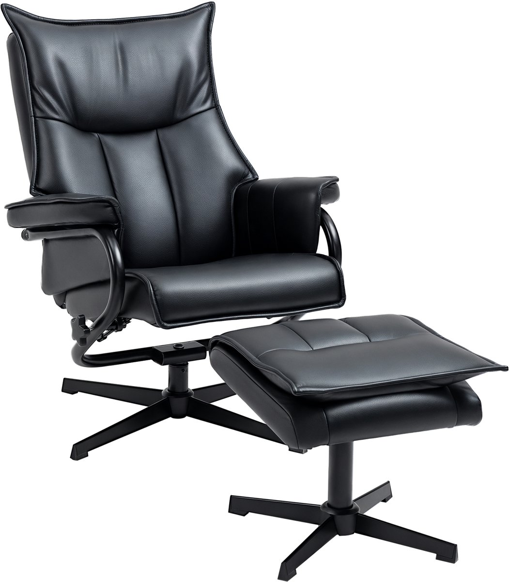 Homona Relaxfauteuil met hocker - 360° draaibaar en verstelbaar tot 135° - Van kunstleer - 75 x 84 x 101 cm - Zwart